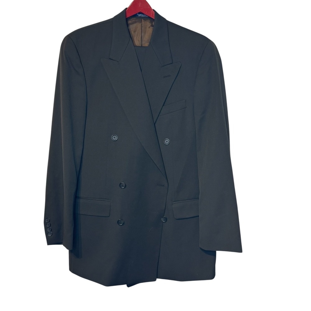 Ralph Lauren Mens Suit Double Breasted Wool Green 44L Pleated Cuffed Pants